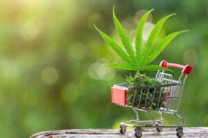 feuille de cannabis dans caddie de supermarché