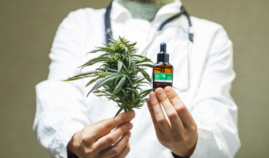 Photo d'un médecin qui tient du cannabis et de l'huile essentielle de chanvre